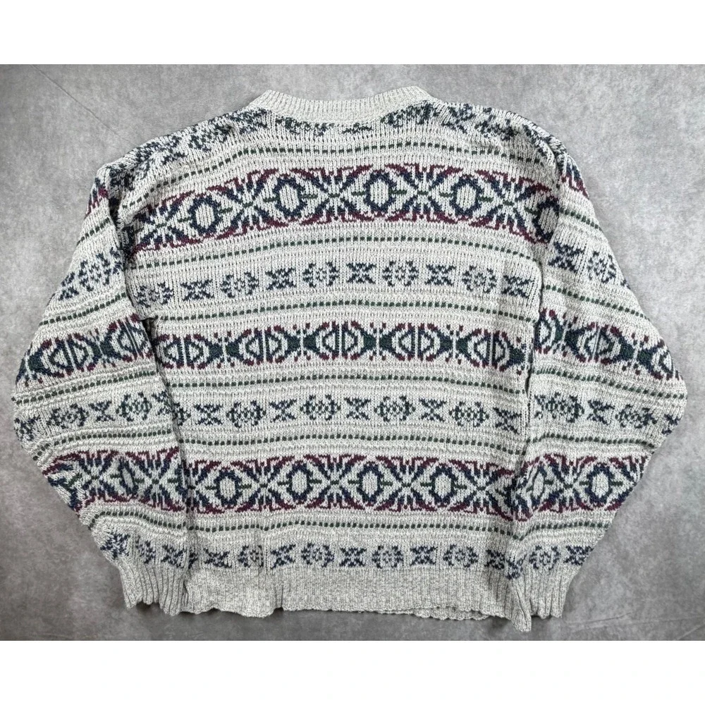 Cambridge Classics Vintage 90s Mens Medium Sweater Gray Fair Isle Ramie Cotton